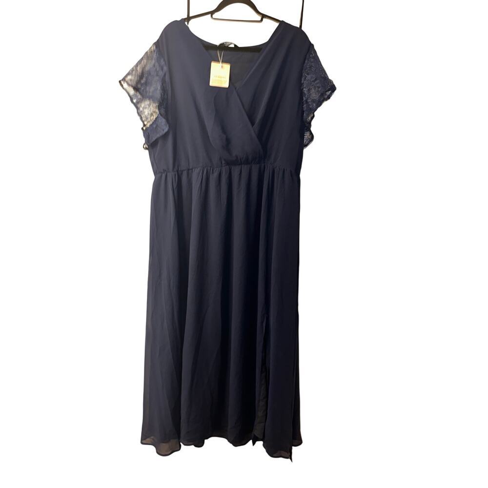 BloomChic Plus Size 1X/14-16 Blue Lace Mesh Maxi Dress Flutter Sleeve NWT - Picture 4 of 8